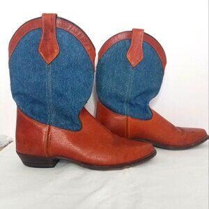 Vintage 1980s Frye Denim and Tooled cognac  Leather  Western Boot 8